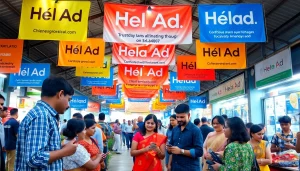 Engaging marketplace scene featuring diverse individuals showcasing Hela Ad services, vibrant colors, and friendly interactions.