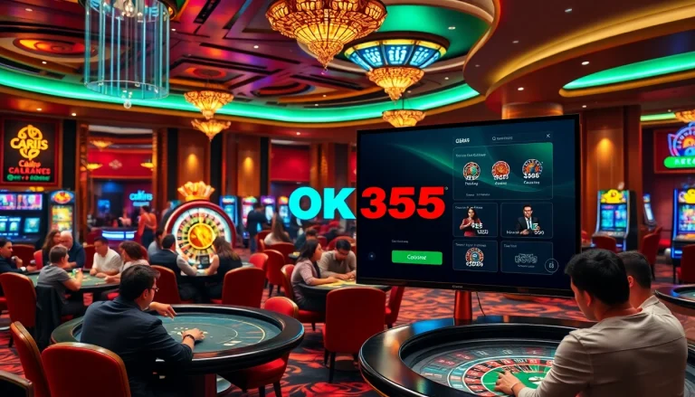 Players enjoying various games while accessing OK365 đăng nhập on digital screens in an upscale casino.