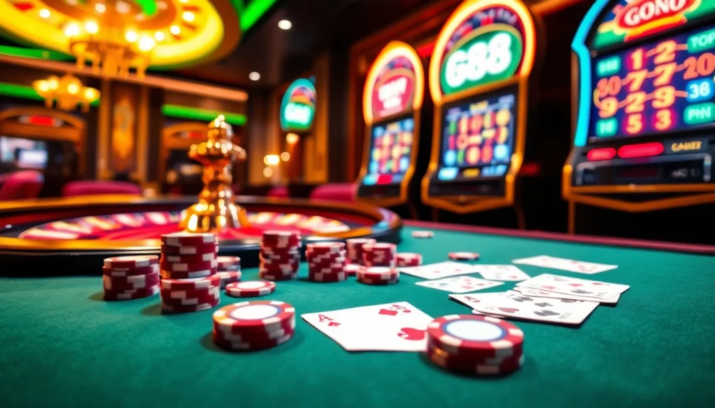 Excited player celebrating a big win at GG88, surrounded by roulette wheel and poker chips.