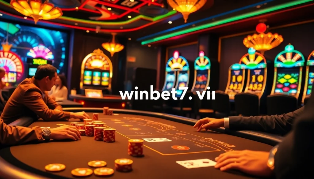 Engaging poker scene at https://winbet7.vip/ casino featuring vibrant colors and luxurious atmosphere.