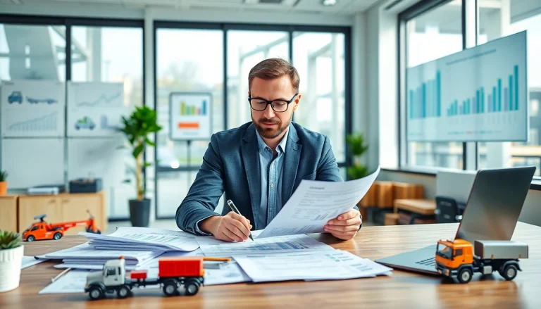 Księgowość dla firmy transportowej w profesjonalnym biurze, ukazującym księgowego pracującego z dokumentami finansowymi.