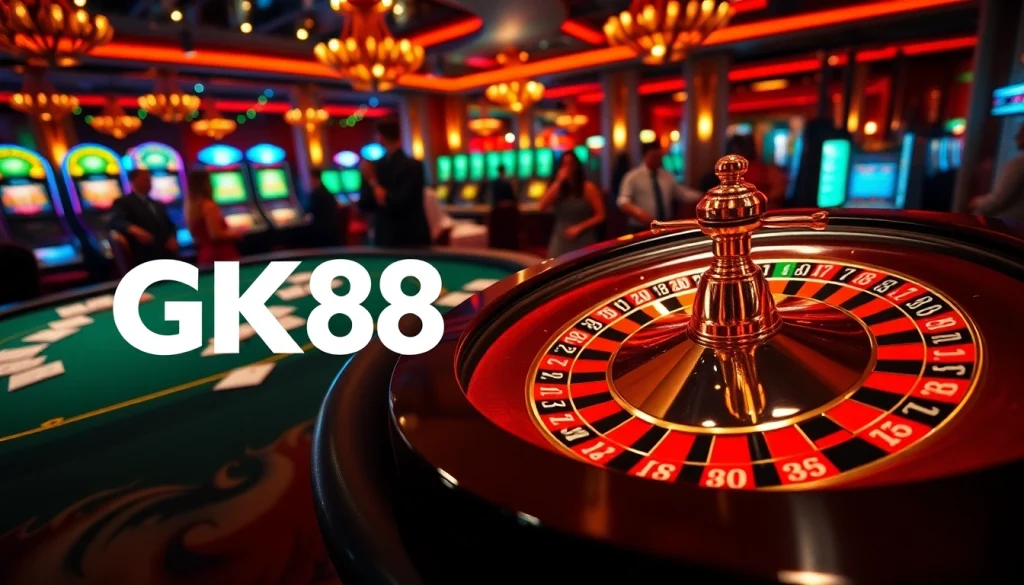 Experience the thrill of GK88 at a luxurious casino table with vibrant poker chips and cards.