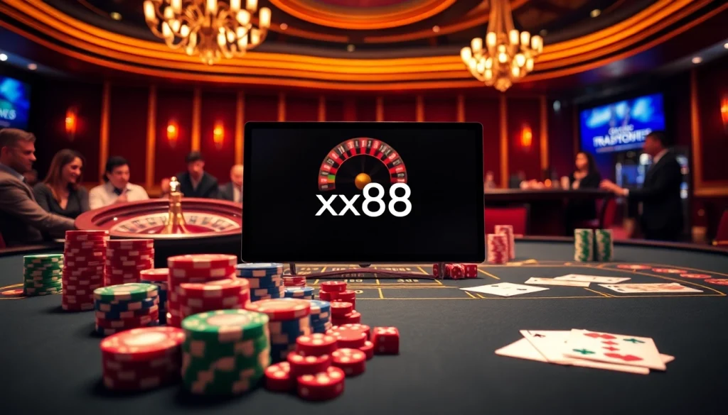 Players engaging in a thrilling game at the xx88 casino table surrounded by vibrant poker chips and cards.