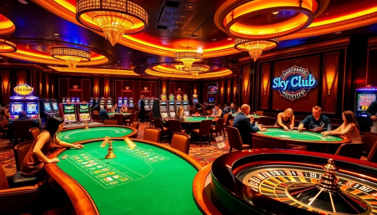Enjoying thrilling game action at Sky Club casino with poker tables and vibrant slot machines.