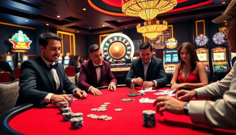 Experience the excitement of 7mcn as players enjoy high-stakes poker and roulette in a lavish casino scene.
