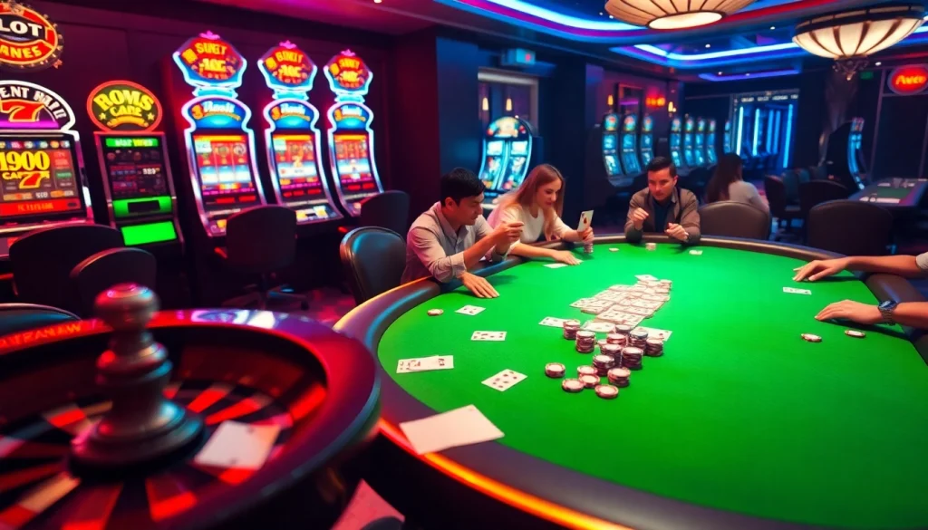 Engaging scene at ingatbola88 casino with poker players and vibrant slot machines.