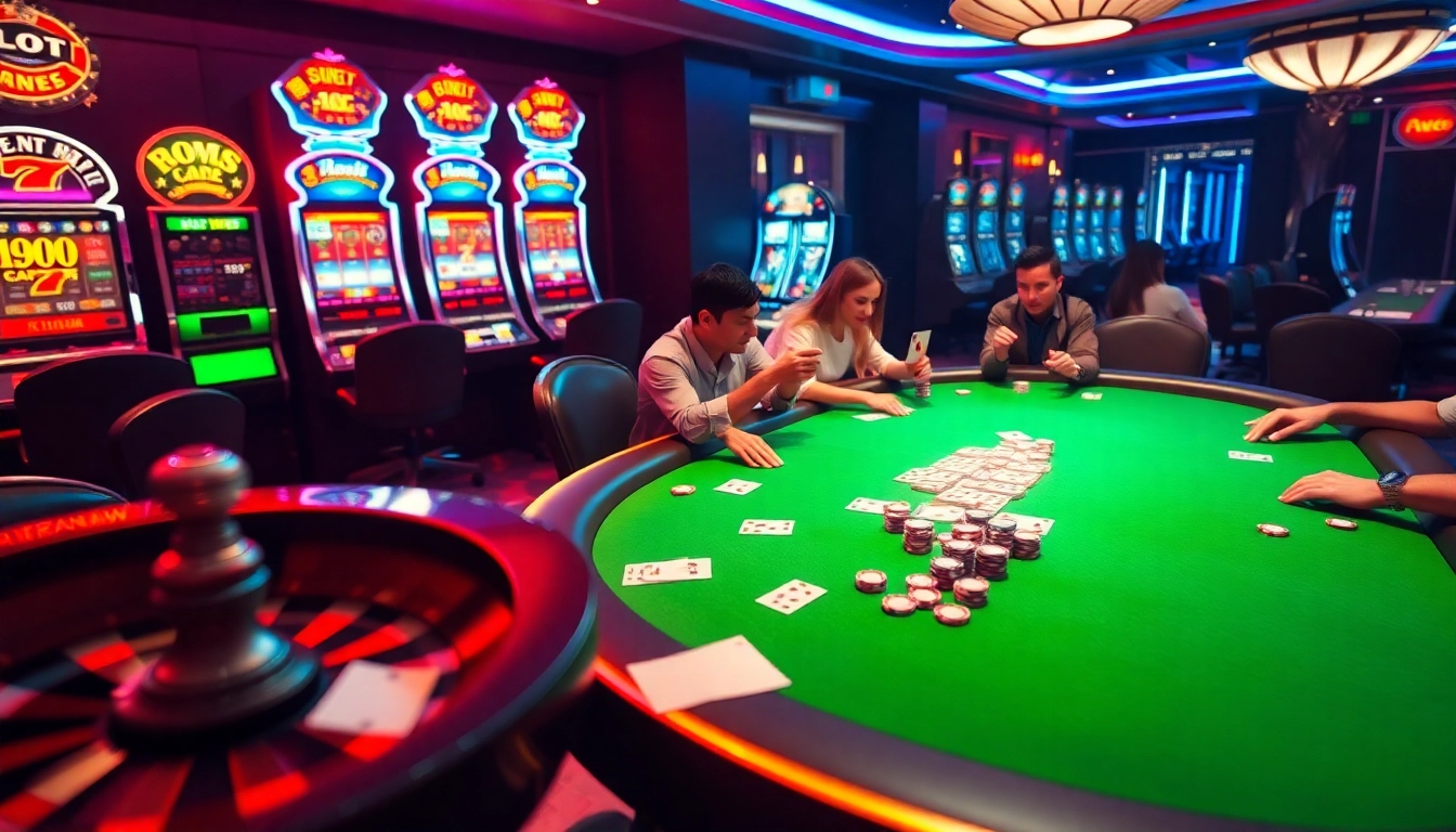 Engaging scene at ingatbola88 casino with poker players and vibrant slot machines.