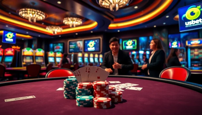 Experience the thrill of nhà cái usbet with vibrant poker chips and engaged players in a luxurious casino setting.