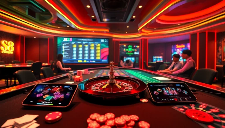 S8 com gamblers enjoying a thrilling casino game with poker chips and cards under neon lights.