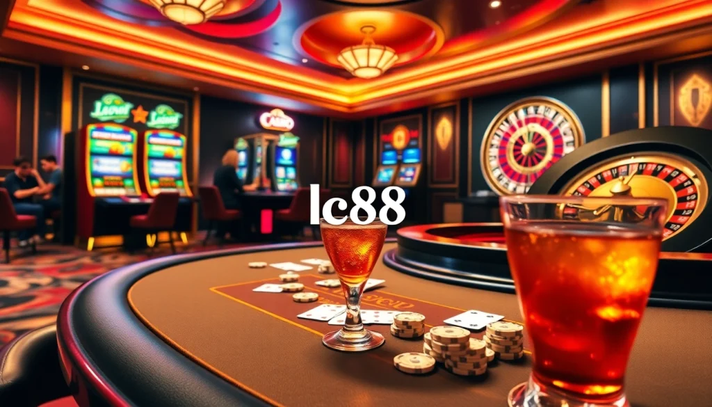 Experience thrilling gaming action at lc88 casino with vibrant card tables and flashing slot machines.