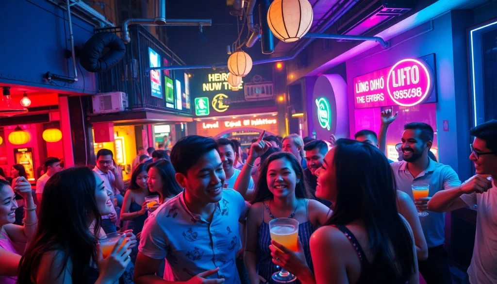 Exciting nightlife scene of 호치민밤문화 with lively bars and clubs, showcasing vibrant crowds enjoying the evening.