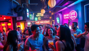 Exciting nightlife scene of 호치민밤문화 with lively bars and clubs, showcasing vibrant crowds enjoying the evening.