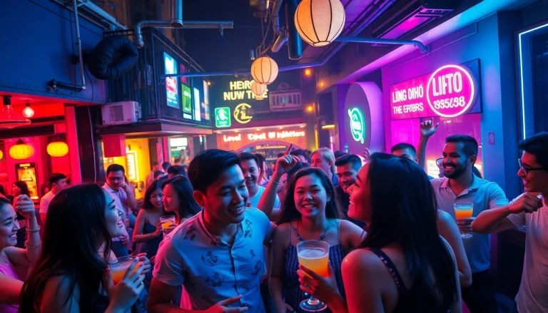 Exciting nightlife scene of 호치민밤문화 with lively bars and clubs, showcasing vibrant crowds enjoying the evening.