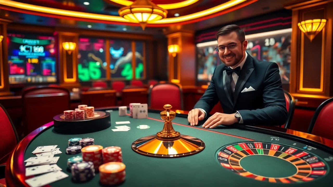 The interactive gaming experience at nhà cái C168 featuring vibrant poker chips and modern casino tables.