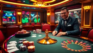 The interactive gaming experience at nhà cái C168 featuring vibrant poker chips and modern casino tables.