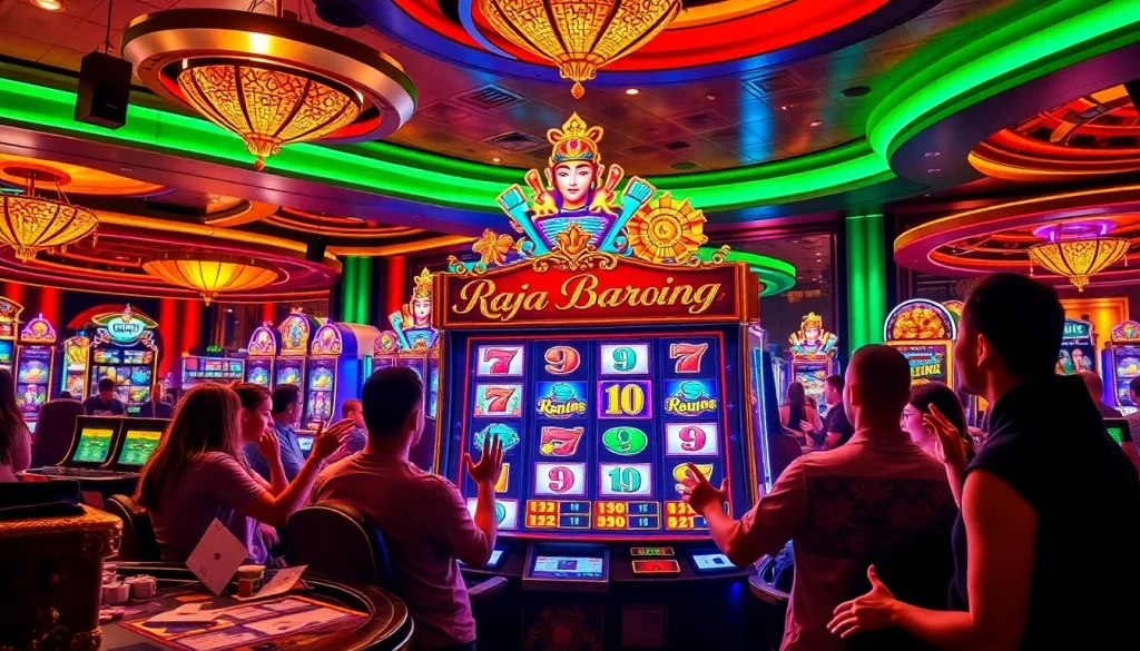 Players enjoying the raja barong slot machine in a vibrant casino atmosphere.