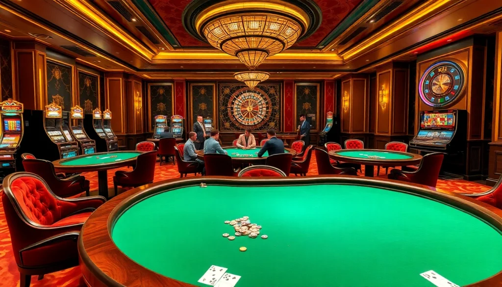 KJC branded poker table set in an elegant casino, showcasing the thrill of gambling.