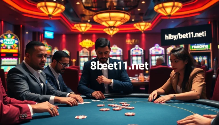 Players engaging in a high-stakes poker game at a luxurious casino while promoting https://f8bet11.net/.