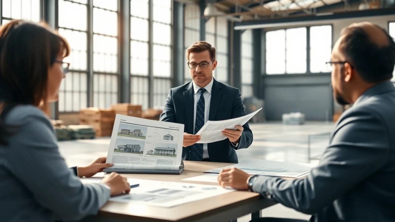 Agente immobiliare professionista che presenta proprietà industriali, con enfasi su agente immobiliare nel settore industriale.