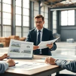 Agente immobiliare professionista che presenta proprietà industriali, con enfasi su agente immobiliare nel settore industriale.