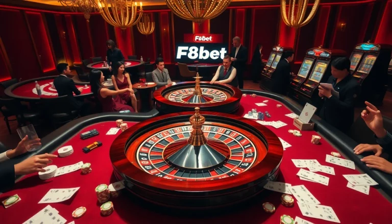 F8bet casino scene with poker chips, roulette wheel, and exciting gaming atmosphere