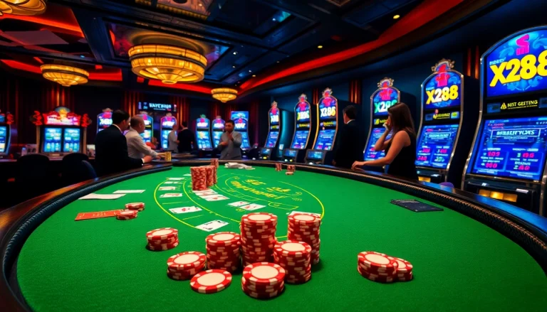 Experience excitement at xx88's luxurious casino with vibrant gaming tables and slot machines.