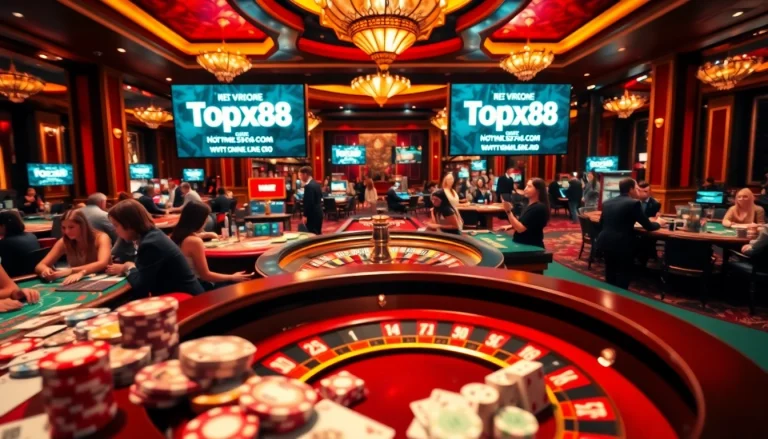 Experience thrilling gaming at https://topxx88.com/ with vibrant casino tables, poker chips, and players engaged.
