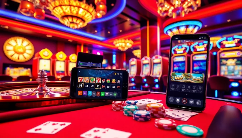 Engaging scene showcasing the app 789win on a smartphone amidst vibrant casino gameplay with poker chips and roulette