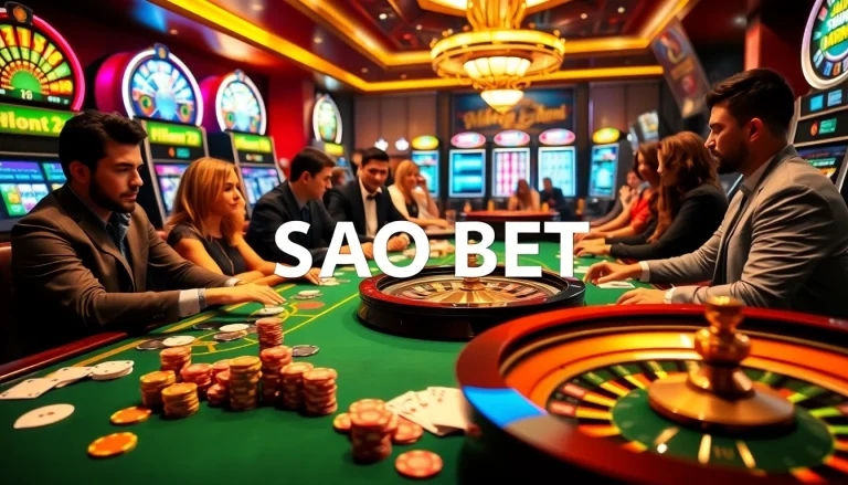 Engaged players at a luxurious casino table experiencing SAO BET excitement with chips and cards.