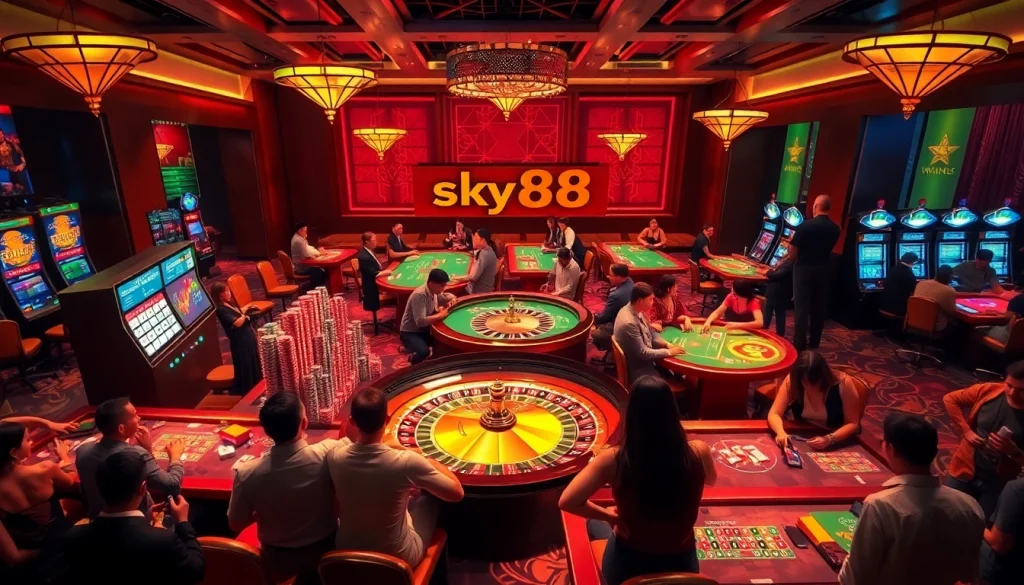 Experience high-stakes excitement with sky88 vom in a luxurious casino setting featuring vibrant tables and slot machines.