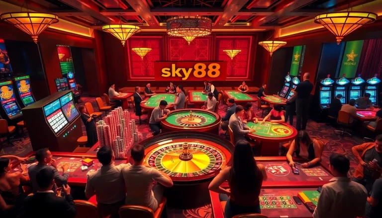 Experience high-stakes excitement with sky88 vom in a luxurious casino setting featuring vibrant tables and slot machines.