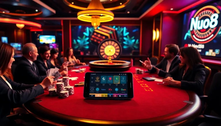 Experience the excitement at https://vnew88.vip/ with players enjoying poker and roulette in a luxurious casino setting.