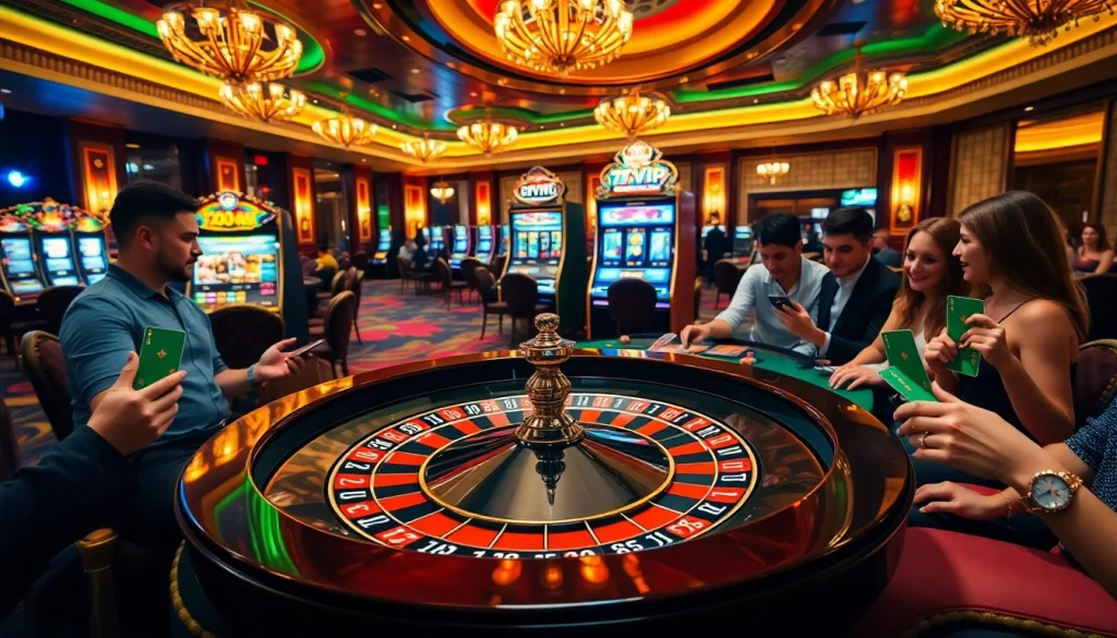 Experience the thrill of 777VIP gaming at an elegant casino with roulette and slot machines.