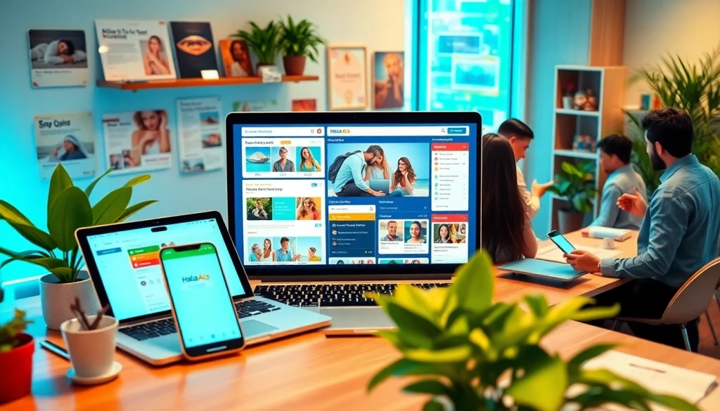 Hela Ads digital marketplace showcasing colorful classified ads on a laptop, promoting community connections.