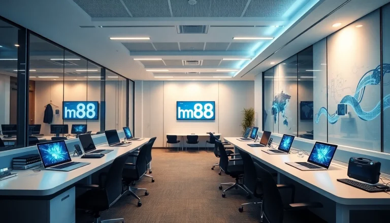 Innovative office scene showcasing hm88 technology gadgets and collaborative spaces.