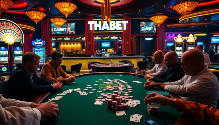 THABET poker players engage at a dazzling casino table with vibrant chips and cards.
