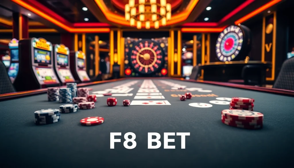 Experience F8 BET with engaging casino action at a luxurious poker table filled with chips and cards.