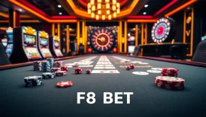 Experience F8 BET with engaging casino action at a luxurious poker table filled with chips and cards.