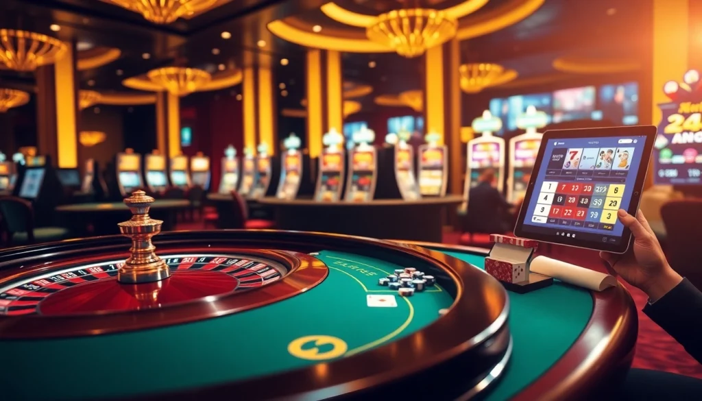 Exciting MM88 online casino scene featuring roulette and poker tables with vibrant lights.
