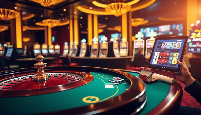 Exciting MM88 online casino scene featuring roulette and poker tables with vibrant lights.