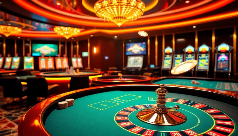 Experience thrilling gambling action at F168's virtual casino with vibrant poker tables and roulette wheels.