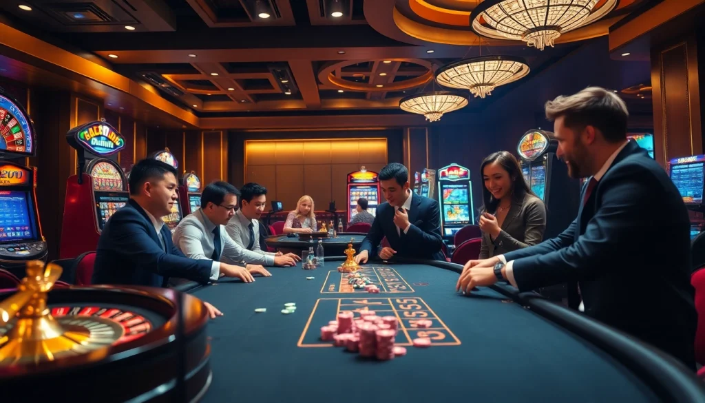 Engaging zbet nhà cái enthusiasts at a vibrant roulette table surrounded by luxury casino elements.