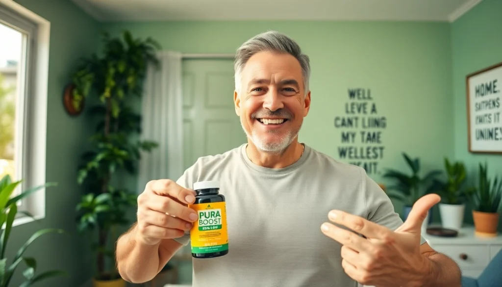 Pura Boost revitalizes men's vitality and confidence naturally, featuring a vibrant scene of energy and wellness.