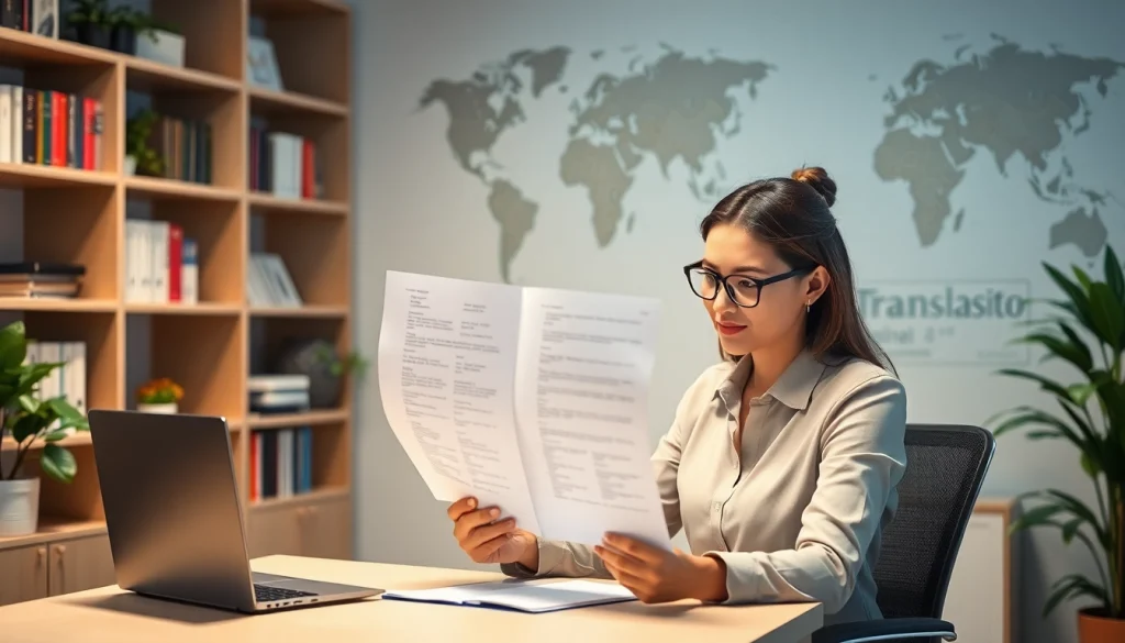 Certified translation services in a professional office environment showcasing attention to detail.