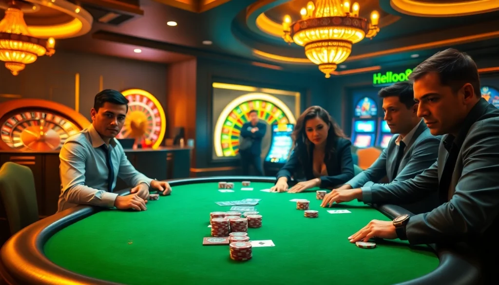 Intense poker game ambiance highlighting Hello88 casino excitement with vibrant poker chips and cards.