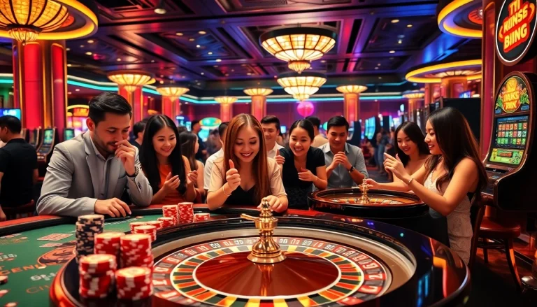 Experience the excitement of winning at 99OK’s vibrant casino scene with dynamic players and glowing gaming tables.