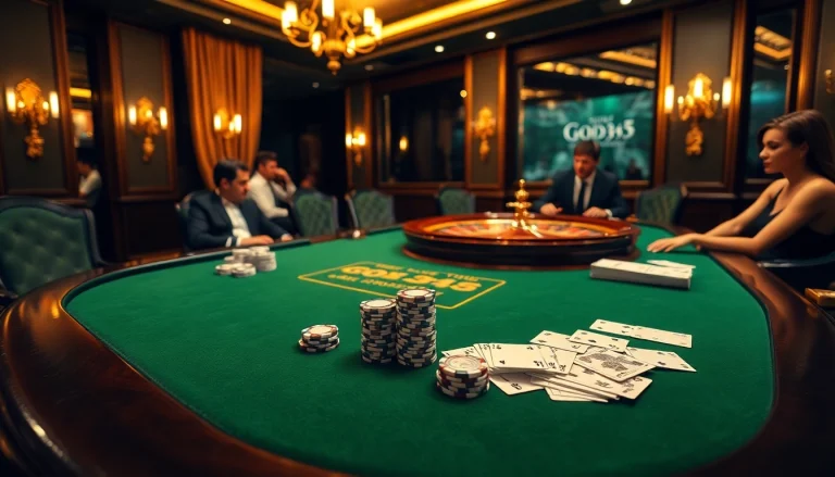 Experience the thrill of God345 with a vibrant casino scene featuring a poker table, chips, and cards.