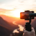 Smartphone-Gimbal stabilizing a video shoot at sunset with a professional videographer.
