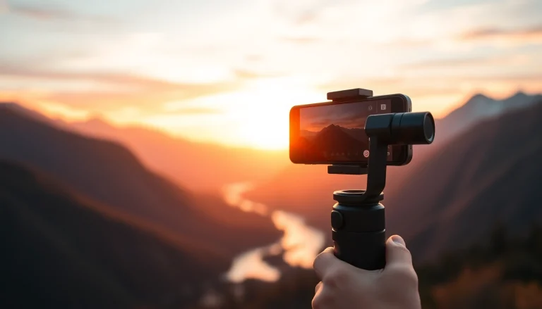 Smartphone-Gimbal stabilizing a video shoot at sunset with a professional videographer.