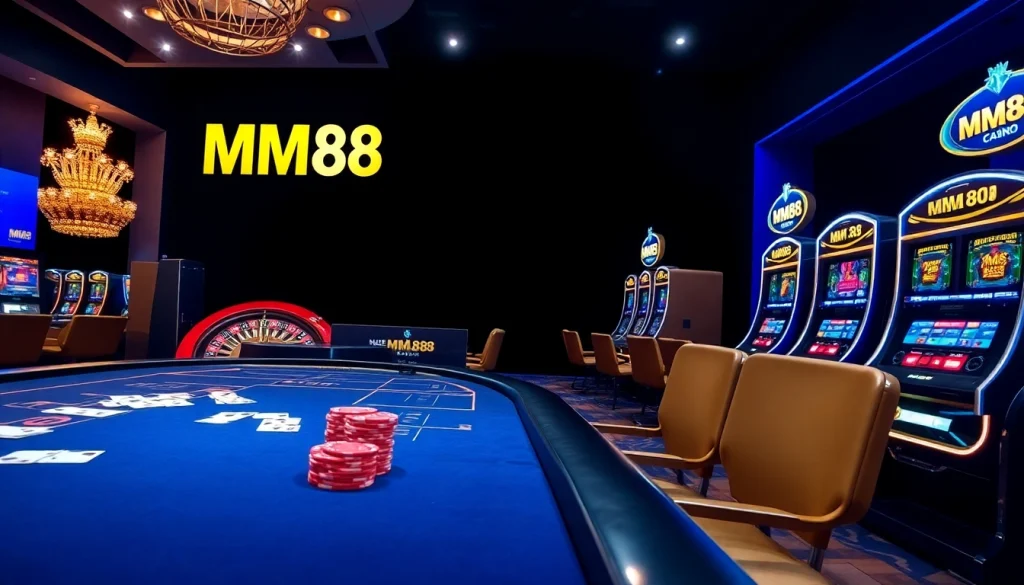 Experience the excitement of MM88 casino with vibrant slot machines and elegant gaming tables.